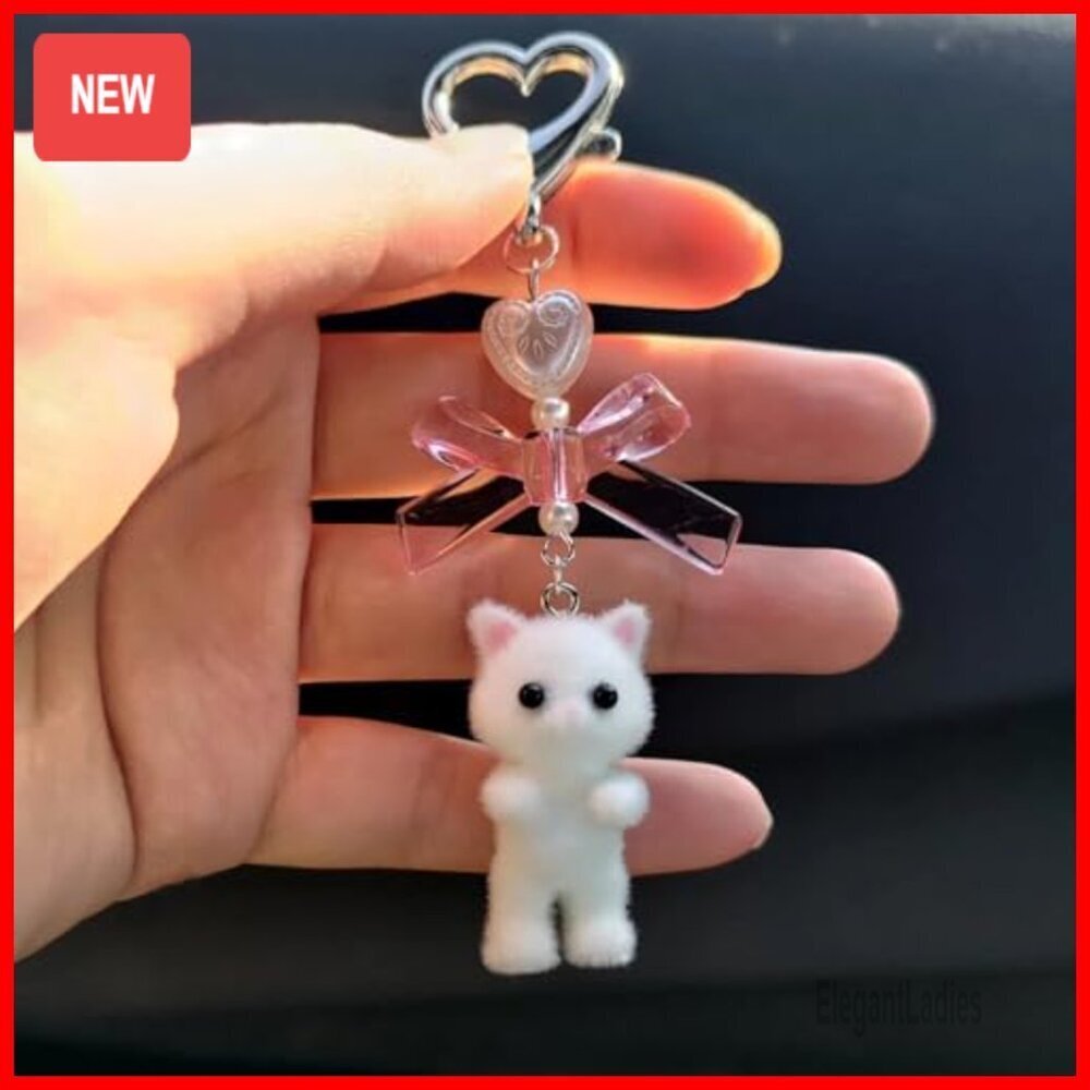 Faux Fur Cat Keychain with Heart Clip, 9cm Bag Charm - Picture 3 of 7